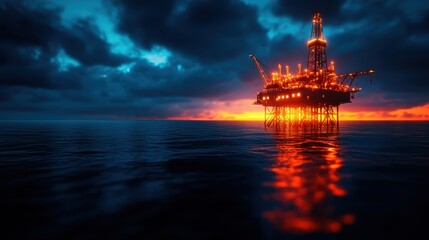Obraz premium An offshore oil rig illuminated by a stunning sunset, reflecting on calm waters under dramatic clouds.