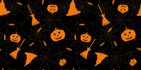 Halloween festive seamless pattern. Halloween holiday seamless pattern background with cute cartoon pumpkin, spider web, candies, witch’s hat, broom hat. Vector illustration