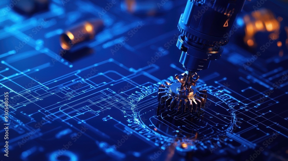 Poster close-up of a robotic arm working on a circuit board, illuminated by blue light. represents technolo