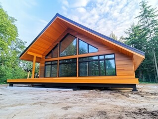 Obraz premium Modern wooden cabin stands tall in a serene forest clearing at sunset