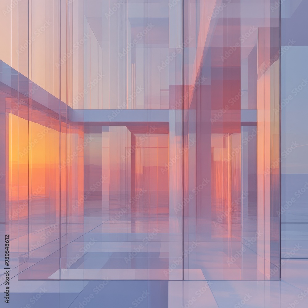 Poster the setting features a translucent building reflecting vibrant colors during sunrise, creating a cap