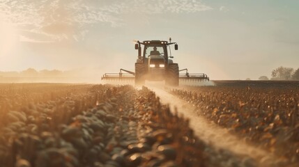 Fototapeta premium Tractor dispersing chemicals over soybean plants