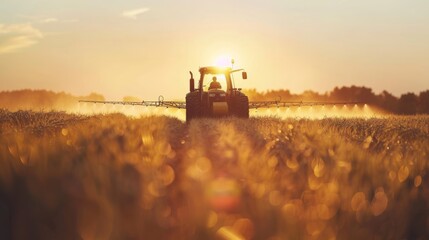 Fototapeta premium Tractor spraying soybean field at sunrise with copy space