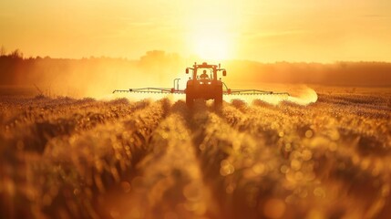 Fototapeta premium Tractor spraying soybean field at sunrise with copy space
