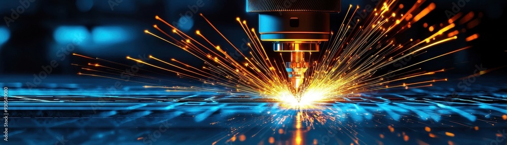Poster dynamic close-up of laser cutting process, showcasing vivid sparks and precision engineering on a me