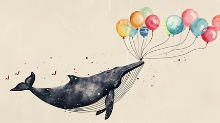A whimsical illustration of a whale holding colorful balloons, symbolizing joy and freedom.