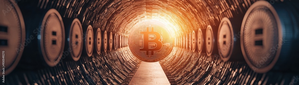 Aufkleber futuristic tunnel with glowing bitcoin symbols, representing digital currency and blockchain technol