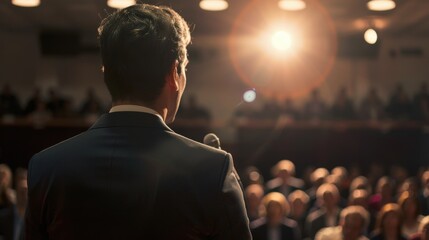 A speaker addresses an engaged audience at a business conference