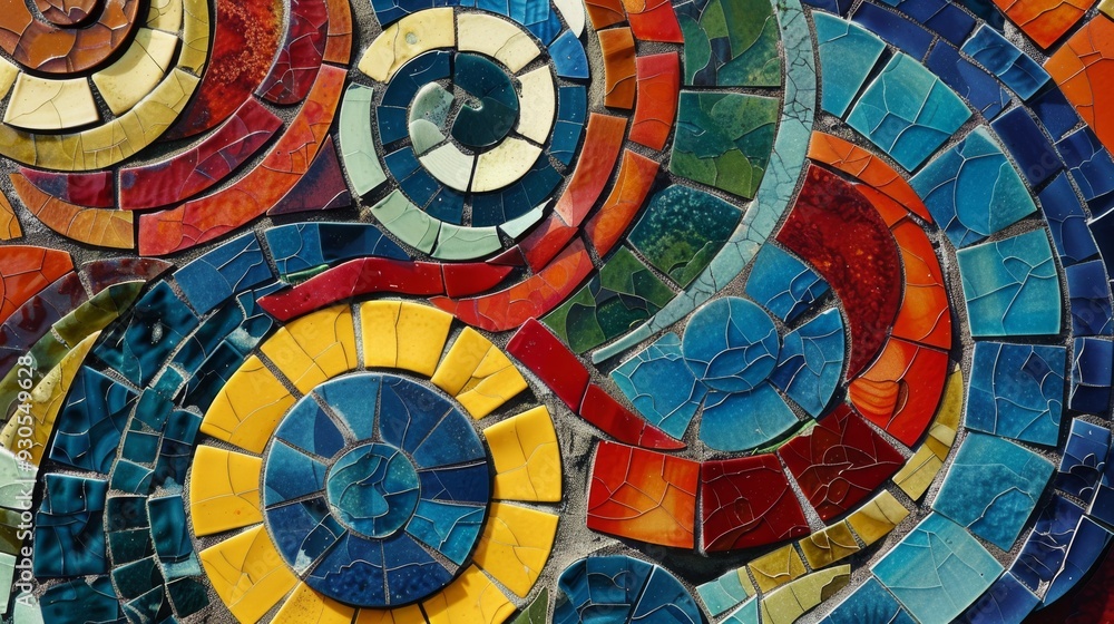 Poster vibrant mosaic design with interlocking shapes and contrasting hues