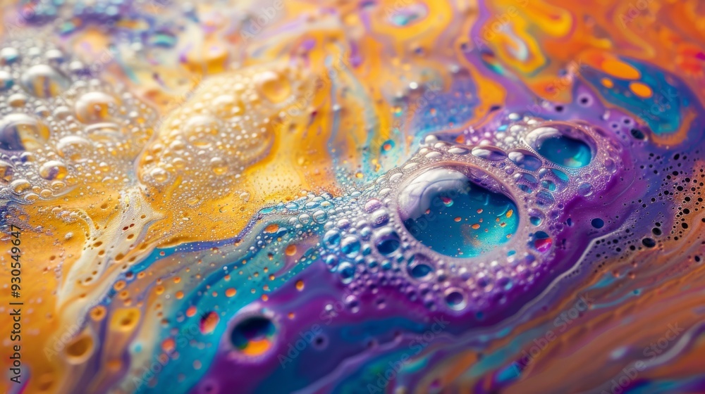 Poster vibrant soap bubble effects merging with abstract paint textures