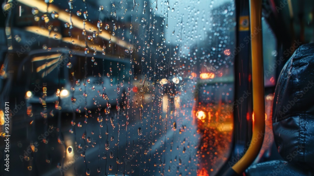 Poster rain drops cascading down bus window