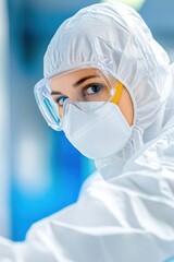 Naklejka premium Healthcare worker in protective gear at a lab during the day
