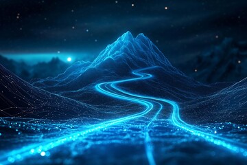 Abstract digital background featuring a glowing road leading to the top of a mountain, symbolizing progress, achievement, and the journey towards success