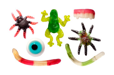 Set of sweet colorful assorted gummy candy isolated. Halloween jelly sweets. PNG with transparent...