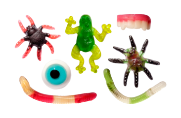 Set of sweet colorful assorted gummy candy isolated. Halloween jelly sweets. PNG with transparent background. Clipping path. Flat lay