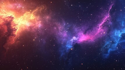 Naklejka premium A vibrant cosmic scene depicting colorful nebulae and stars in a vast universe.