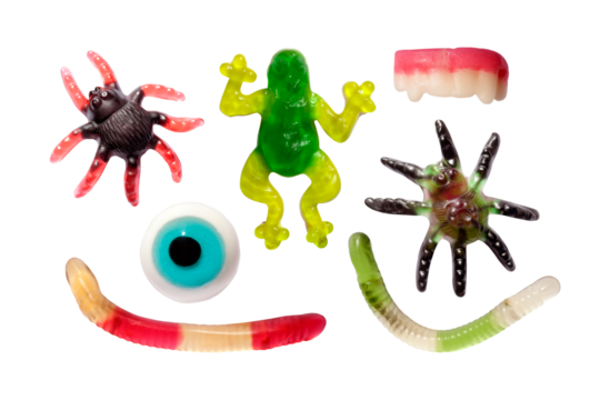 Set of sweet colorful assorted gummy candy isolated. Halloween jelly sweets. PNG with transparent background. Clipping path. Flat lay