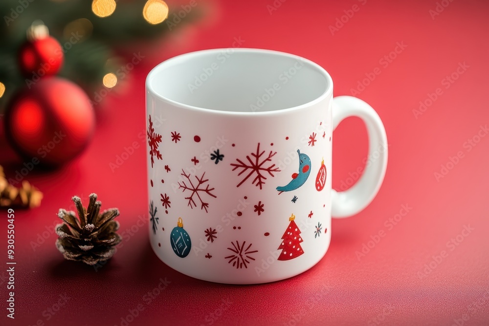 Poster simple white mug with christmas elements on a soft red background
