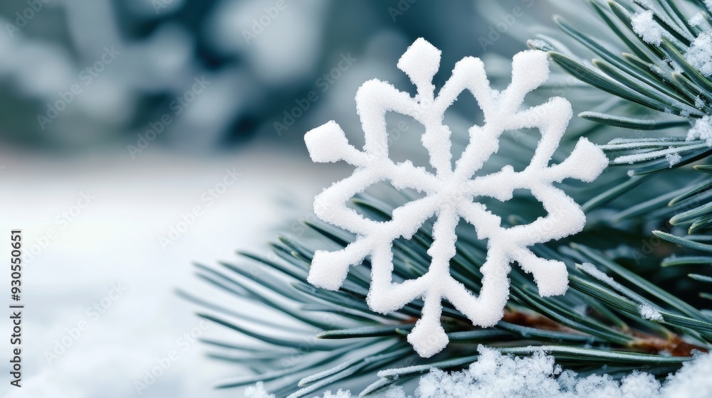 Poster a snowflake is on a pine tree branch with some leaves, ai