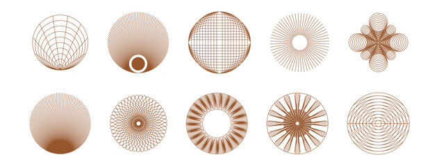 Obraz premium Vector minimal geometric illustrations set, futuristic digital trendy abstract aesthetic linear compositions, prints, frames and graphic design elements, y2k and brutalist style, psychedelic forms and