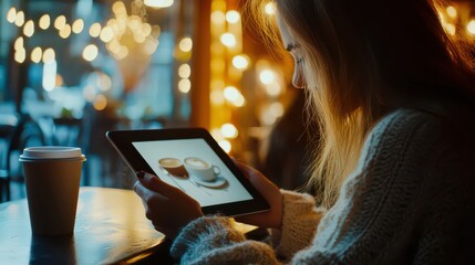 Young woman using a tablet in a cozy café with a cup of coffee on the table. The warm ambiance and soft lighting create a comfortable and inviting atmosphere.