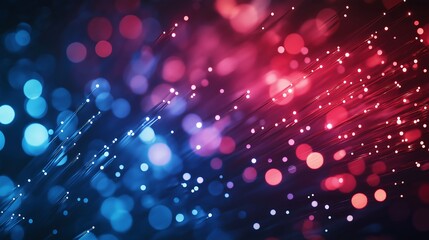 Abstract Fiber Optics Network Concept - Close-up of glowing fiber optics cables with vibrant blue and red bokeh lights symbolizing connectivity