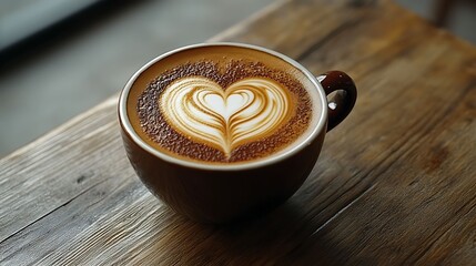 Close-up of a coffee cup with heart-shaped latte art, placed on a rustic wooden table, capturing a cozy and warm ambiance.