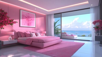 A vibrant pink-themed bedroom featuring a spacious bed, elegant decor, and large windows opening to a balcony with an ocean view.
