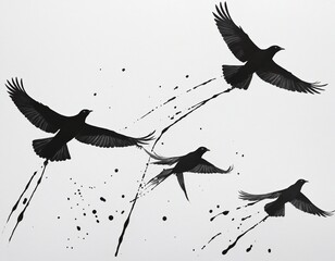 black silhouettes of flying birds watercolor picture design, shadow silhouettes on white background