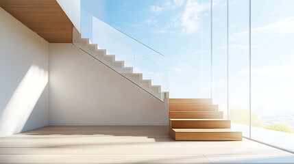 Naklejka premium A sleek, minimalist staircase with a glass railing in a bright, sunlit room featuring large windows and a serene, open design, perfect for modern interiors.