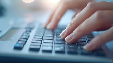 A person is typing on a keyboard with a calculator on the left side