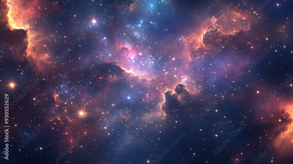 Poster a vibrant cosmic scene showcasing colorful nebulae and countless stars in deep space.