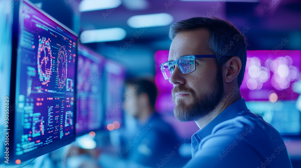 Poster Amid the dim ambient light of a command center, a group of focused operators analyze complex data on their screens. The bokeh effect softens the background, while the vibrant color
