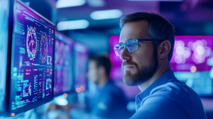 Fototapeta premium Amid the dim ambient light of a command center, a group of focused operators analyze complex data on their screens. The bokeh effect softens the background, while the vibrant color