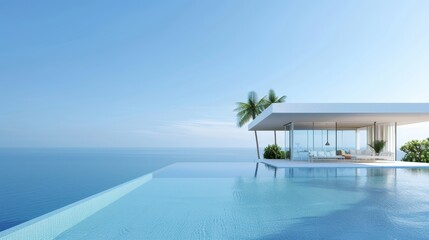 Fototapeta premium A large pool with a white umbrella and a view of the ocean