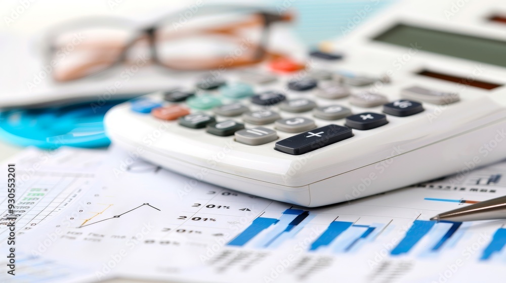 Aufkleber a calculator sits on a table with a stack of papers and a pen