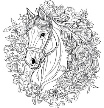 
Coloring page for adult with a horse, Sketch for anti-stress adult coloring book in zen-tangle style
