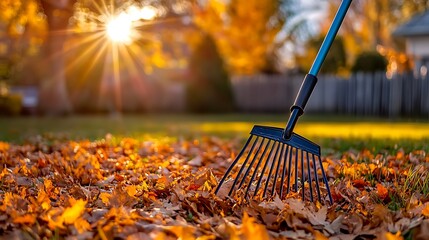 Close-up of leaf raking in autumn, leaves on the ground, backyard lawn visible, golden hour light.