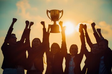 Fototapeta premium A golden trophy symbolizes success as a team member is honored with applause, embodying the spirit of employee appreciation and achievement.