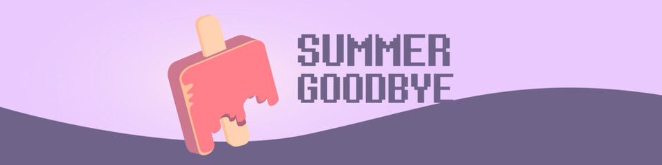 vector goodbye summer vintage concept horizontal illustration with melt ice cream on ultraviolet sky background. End of summer horizontal wide banner and background