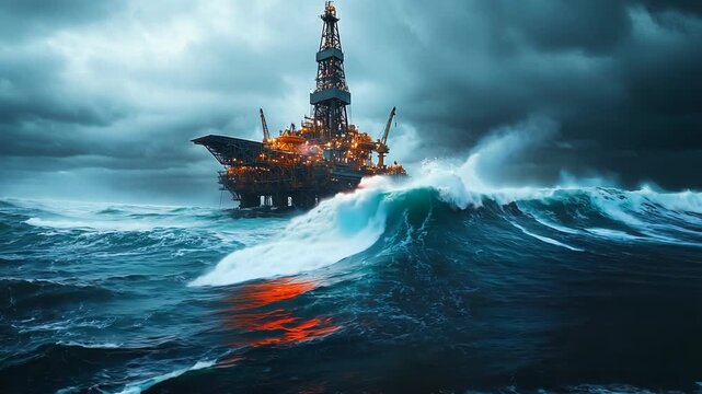 Stormy Ocean and Lit Oil Rig Captured in Powerful Nighttime Photography