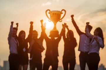 Fototapeta premium A golden trophy symbolizes success as a team member is honored with applause, embodying the spirit of employee appreciation and achievement.