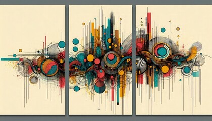 HD triptych art of minimalist graffiti, simple line drawings with vibrant splashes of color, 3d render, ink on paper