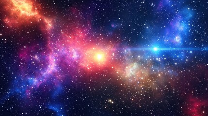 Naklejka premium A vibrant cosmic scene showcasing colorful nebulae and stars in the vastness of space.