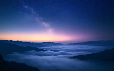 Fototapeta premium A serene twilight landscape with mountains and a starry sky above a sea of clouds.