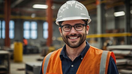 Smiling Industrial Engineer in Hard Hat and Safety Vest at Modern Factory Floor