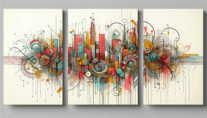 HD triptych art of minimalist graffiti, simple line drawings with vibrant splashes of color, 3d render, ink on paper