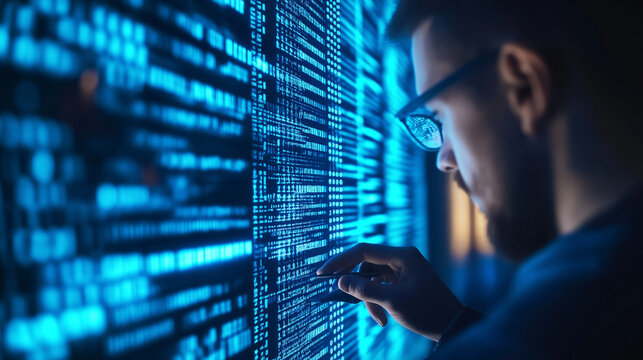 A digital hacker inserting malicious code into a network, with glowing blue binary streams and AI algorithms detecting the intrusion
