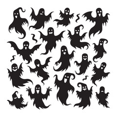 Halloween ghosts. Ghostly monster with Boo scary face. Spooky ghost flat vector icon set