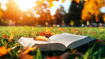 An open book resting on a bed of lush green grass, with vibrant orange and red autumn leaves gently scattered around, bathed in warm sunlight
